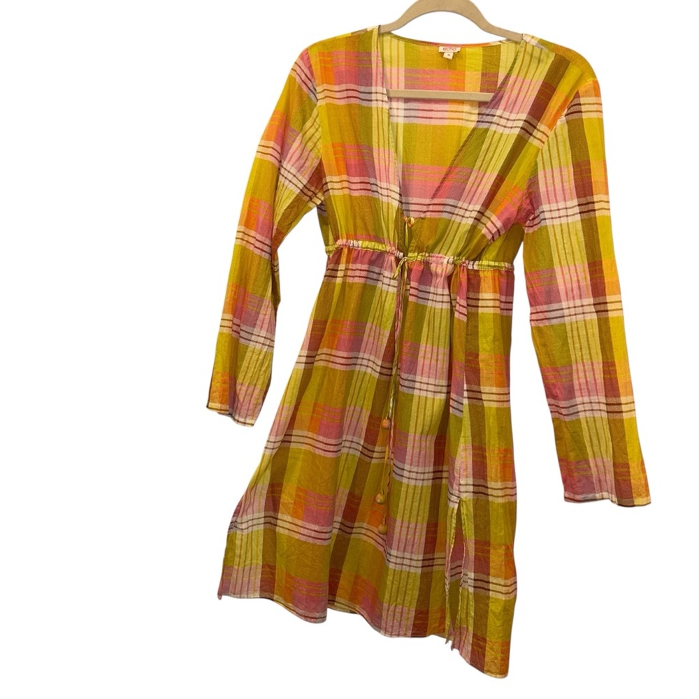 Echo chartreuse, mustard and pink Plaid Tunic top revolution M 34 bust